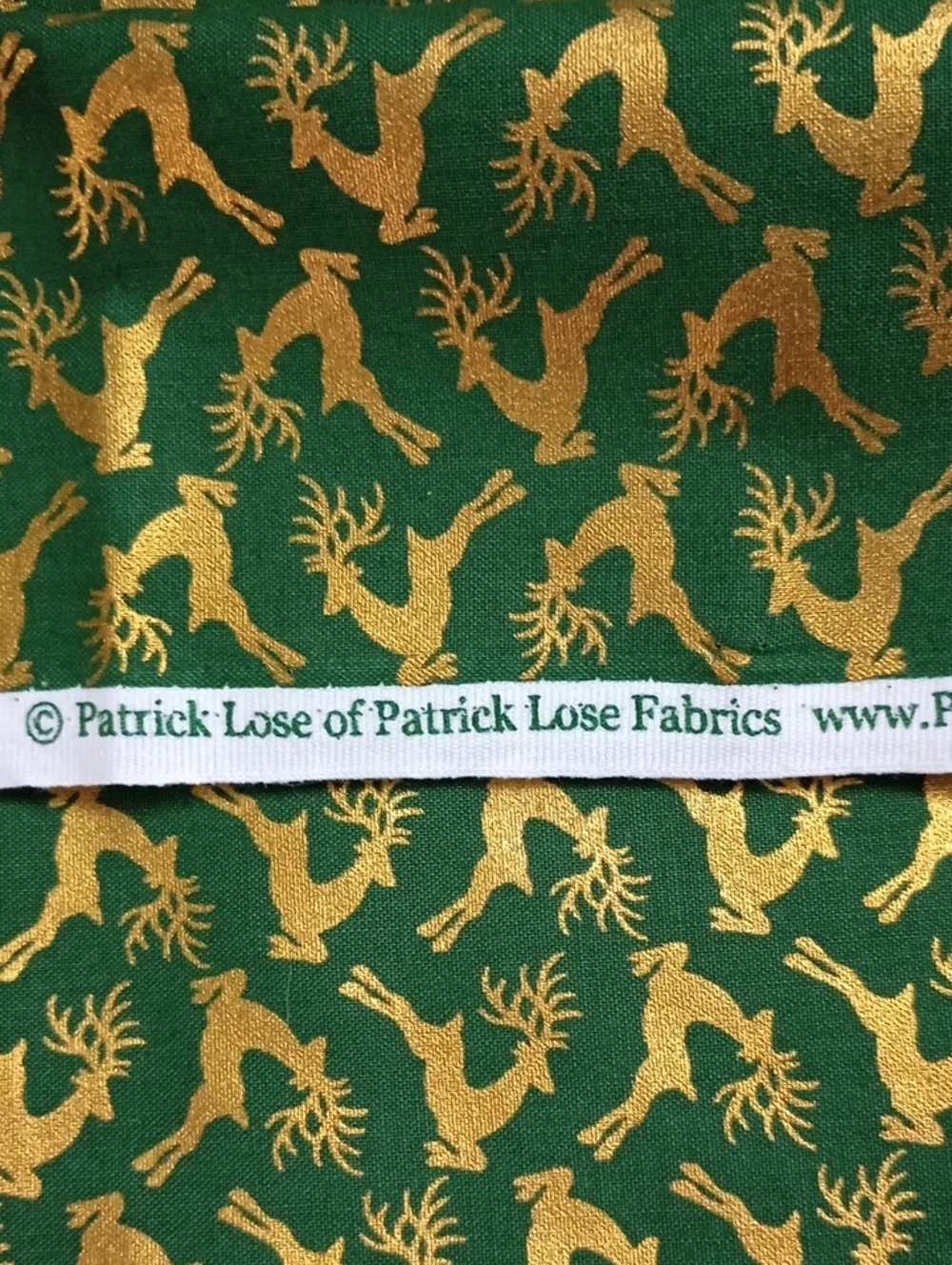 Holiday Green and Gold Reindeer Pattern Patrick Lose 100% Cotton Fabric 1 Yard